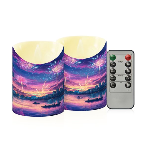 2 PCS Tilted Flameless Candles Flickering LED Lights Battery Operated Candles with Remote Timers for Holiday Decor Beautiful City