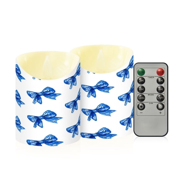 2 PCS Tilted Flameless Candles Flickering LED Lights Battery Operated Candles with Remote Timers for Holiday Decor Blue Bows Pattern
