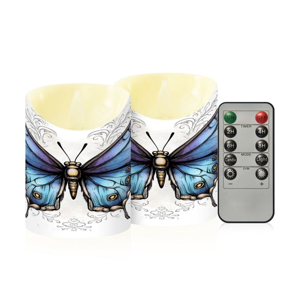 2 PCS Tilted Flameless Candles Flickering LED Lights Battery Operated Candles with Remote Timers for Holiday Decor Blue Butterfly