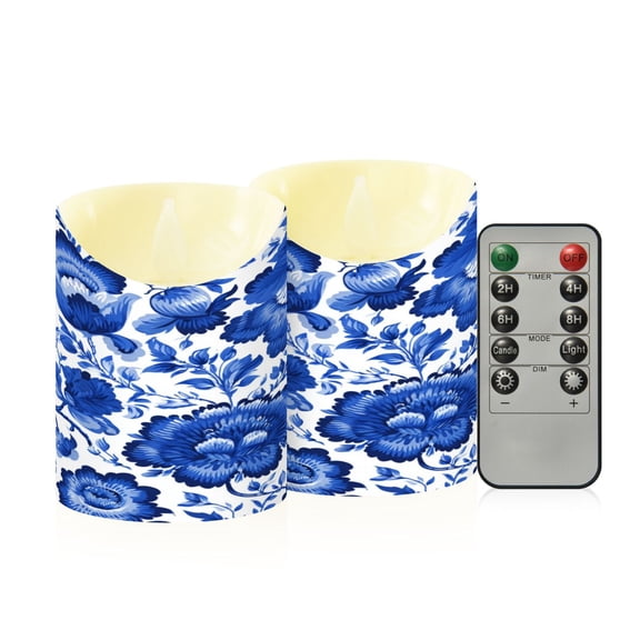 2 PCS Tilted Flameless Candles Flickering LED Lights Battery Operated Candles with Remote Timers for Holiday Decor Blue Floral Pattern
