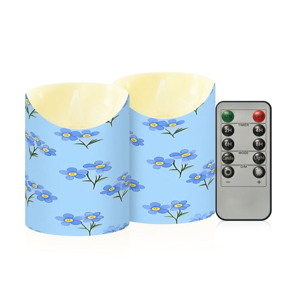 2 PCS Tilted Flameless Candles Flickering LED Lights Battery Operated Candles with Remote Timers for Holiday Decor Blue Flowers Pattern