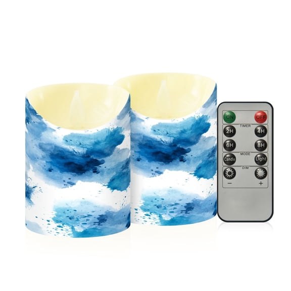 2 PCS Tilted Flameless Candles Flickering LED Lights Battery Operated Candles with Remote Timers for Holiday Decor Blue Ink Pattern