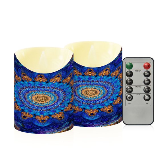 2 PCS Tilted Flameless Candles Flickering LED Lights Battery Operated Candles with Remote Timers for Holiday Decor Blue Kaleidoscopic Pattern