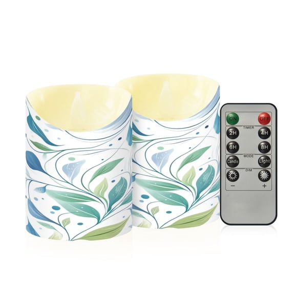 2 PCS Tilted Flameless Candles Flickering LED Lights Battery Operated Candles with Remote Timers for Holiday Decor Blue Leaves