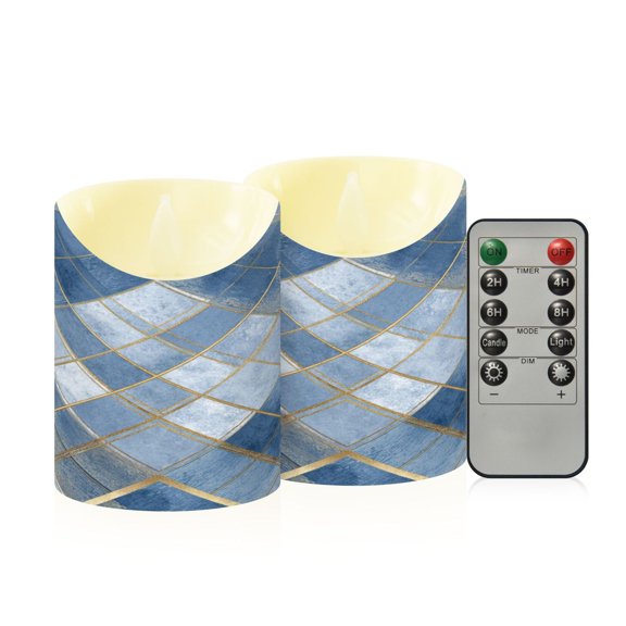 2 PCS Tilted Flameless Candles Flickering LED Lights Battery Operated Candles with Remote Timers for Holiday Decor Blue Plaid Pattern