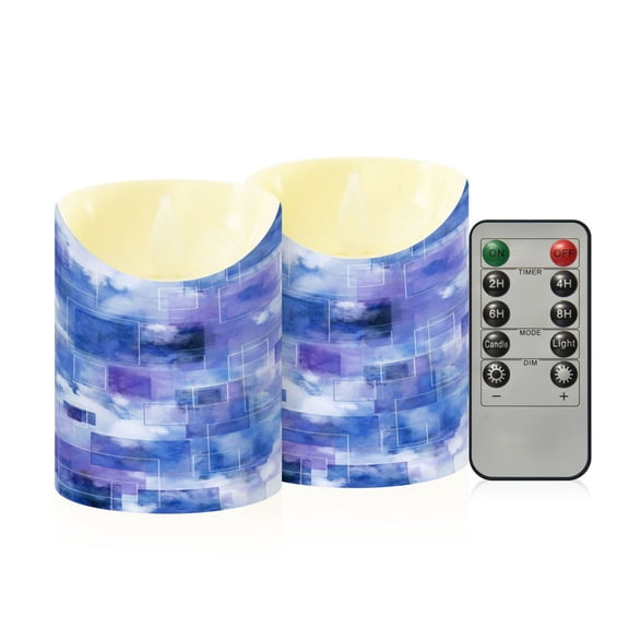 2 PCS Tilted Flameless Candles Flickering LED Lights Battery Operated Candles with Remote Timers for Holiday Decor Blue Squares and Shapes