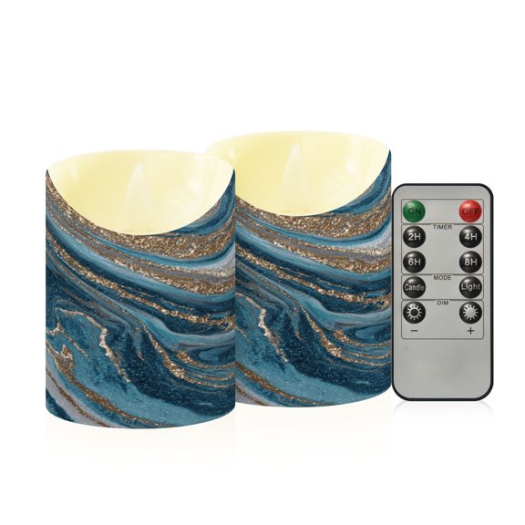 2 PCS Tilted Flameless Candles Flickering LED Lights Battery Operated Candles with Remote Timers for Holiday Decor Blue and Gold Swirling