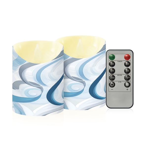 2 PCS Tilted Flameless Candles Flickering LED Lights Battery Operated Candles with Remote Timers for Holiday Decor Blue and Gray Swirls
