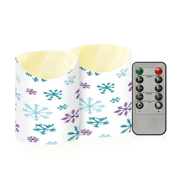 2 PCS Tilted Flameless Candles Flickering LED Lights Battery Operated Candles with Remote Timers for Holiday Decor Blue and Purple Snowflake Pattern