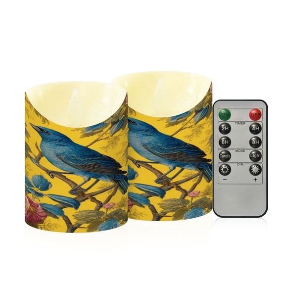 2 PCS Tilted Flameless Candles Flickering LED Lights Battery Operated Candles with Remote Timers for Holiday Decor Bluebird Surrounded by Flowers