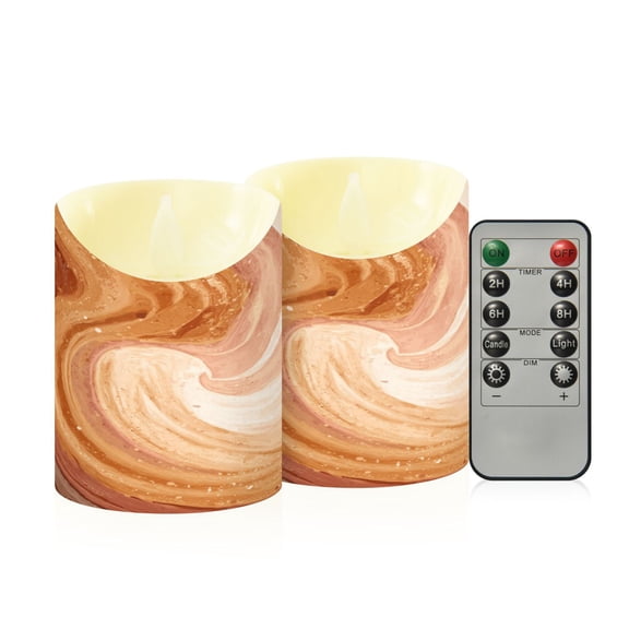 2 PCS Tilted Flameless Candles Flickering LED Lights Battery Operated Candles with Remote Timers for Holiday Decor Brown and Peach Swirling