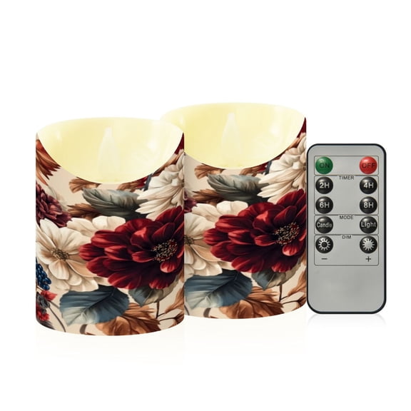 2 PCS Tilted Flameless Candles Flickering LED Lights Battery Operated Candles with Remote Timers for Holiday Decor Burgundy Hydrangeas
