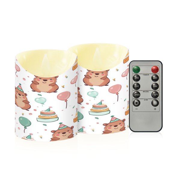 2 PCS Tilted Flameless Candles Flickering LED Lights Battery Operated Candles with Remote Timers for Holiday Decor Capybara Wearing Party Hat