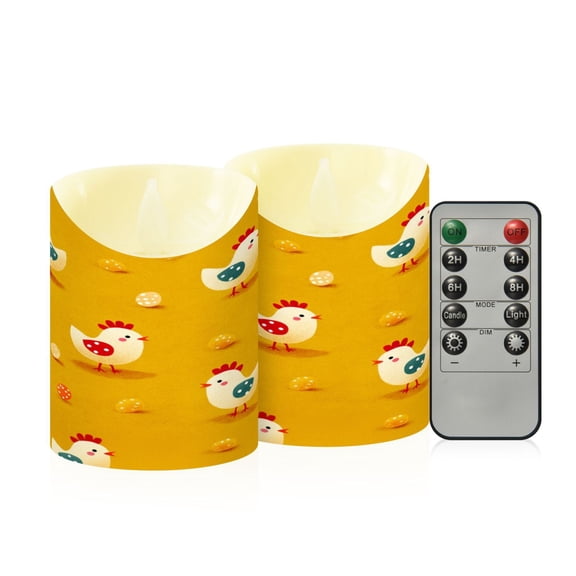 2 PCS Tilted Flameless Candles Flickering LED Lights Battery Operated Candles with Remote Timers for Holiday Decor Cartoon Chickens Pattern