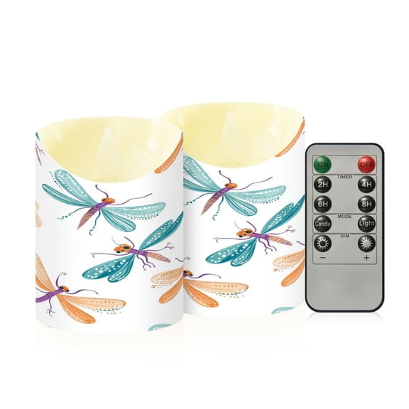 2 PCS Tilted Flameless Candles Flickering LED Lights Battery Operated Candles with Remote Timers for Holiday Decor Cartoon Dragonflies Pattern