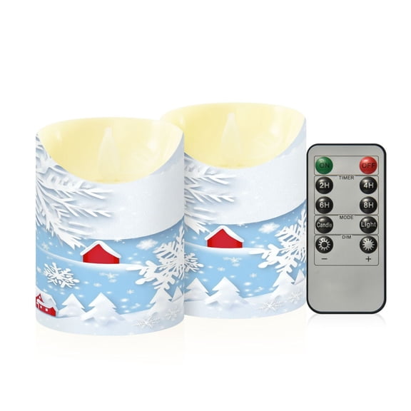 2 PCS Tilted Flameless Candles Flickering LED Lights Battery Operated Candles with Remote Timers for Holiday Decor Cartoon Style Village Houses