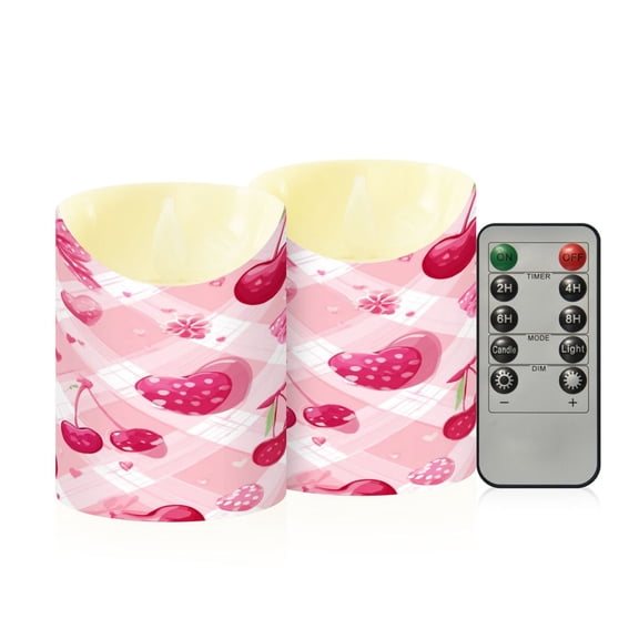 2 PCS Tilted Flameless Candles Flickering LED Lights Battery Operated Candles with Remote Timers for Holiday Decor Cherry and Pink Bow Pattern