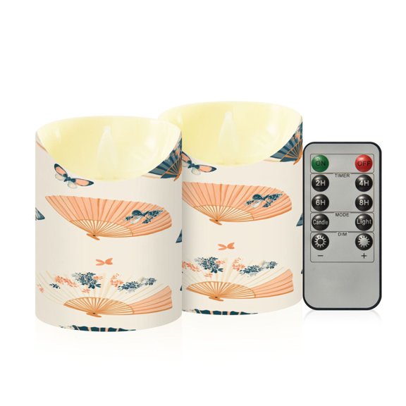 2 PCS Tilted Flameless Candles Flickering LED Lights Battery Operated Candles with Remote Timers for Holiday Decor Chinese Fans Pattern