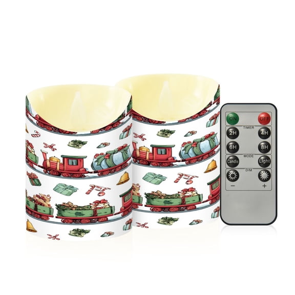2 PCS Tilted Flameless Candles Flickering LED Lights Battery Operated Candles with Remote Timers for Holiday Decor Christmas-themed Red Train Pattern