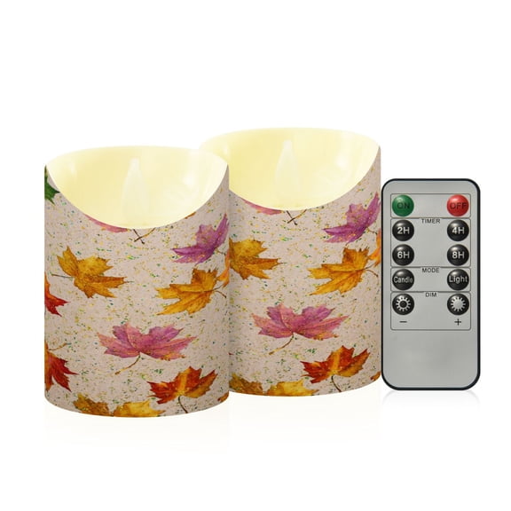2 PCS Tilted Flameless Candles Flickering LED Lights Battery Operated Candles with Remote Timers for Holiday Decor Colored Autumn Leaves