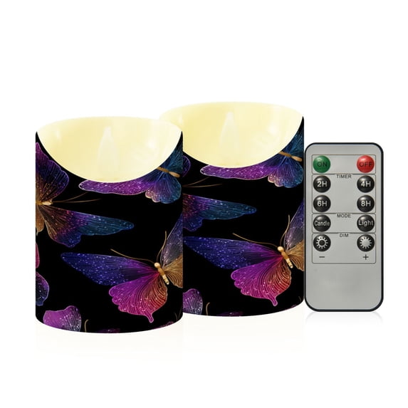 2 PCS Tilted Flameless Candles Flickering LED Lights Battery Operated Candles with Remote Timers for Holiday Decor Colorful Butterfly