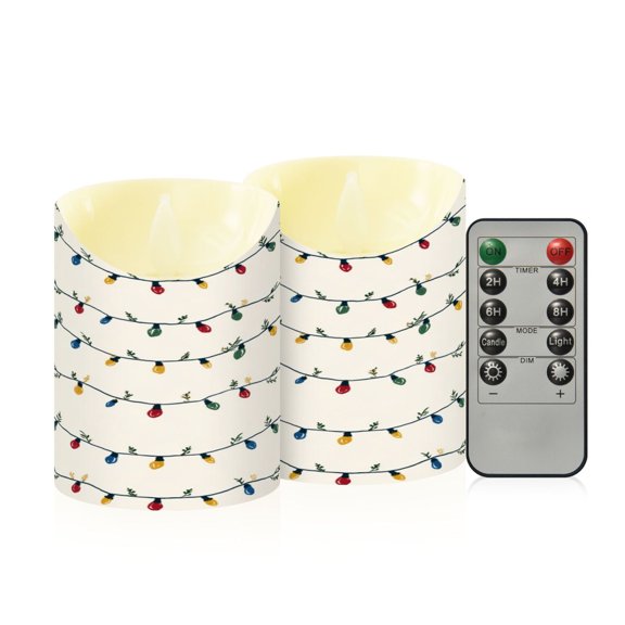 2 PCS Tilted Flameless Candles Flickering LED Lights Battery Operated Candles with Remote Timers for Holiday Decor Colorful Christmas Lights Pattern