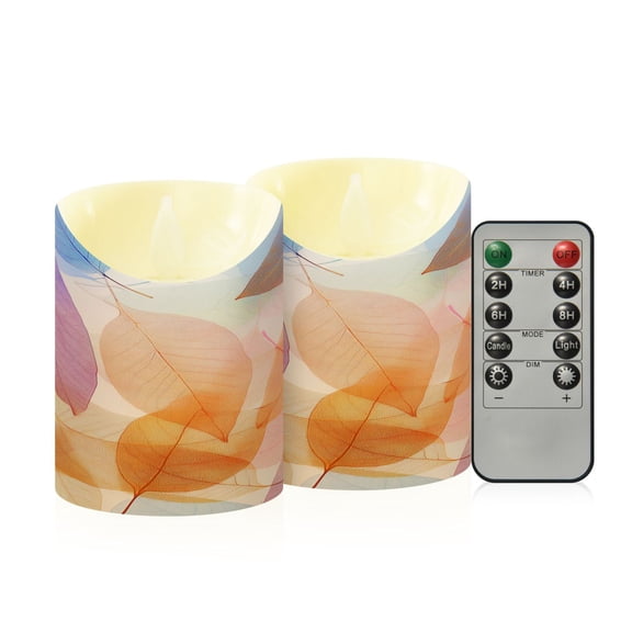 2 PCS Tilted Flameless Candles Flickering LED Lights Battery Operated Candles with Remote Timers for Holiday Decor Colorful Leaf Skeletons