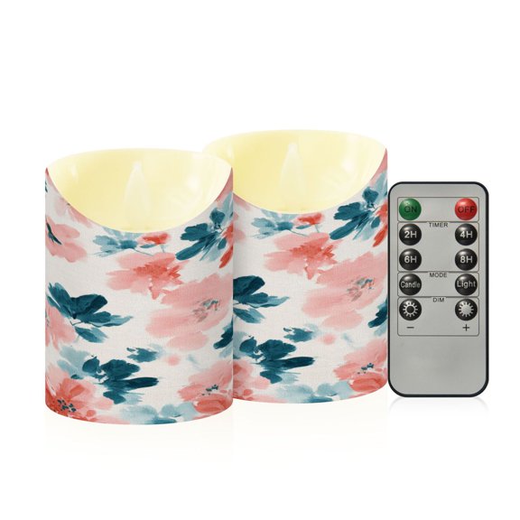 2 PCS Tilted Flameless Candles Flickering LED Lights Battery Operated Candles with Remote Timers for Holiday Decor Coral and Teal Floral Pattern