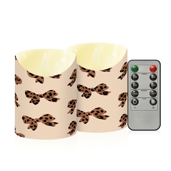 2 PCS Tilted Flameless Candles Flickering LED Lights Battery Operated Candles with Remote Timers for Holiday Decor Cute Brown Bow