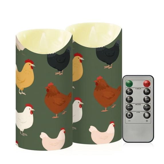 2 PCS Tilted Flameless Candles Flickering LED Lights Battery Operated Candles with Remote Timers for Holiday Decor Cute Colorful Chickens Pattern