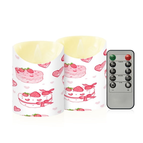 2 PCS Tilted Flameless Candles Flickering LED Lights Battery Operated Candles with Remote Timers for Holiday Decor Cute Pink Cake Pattern