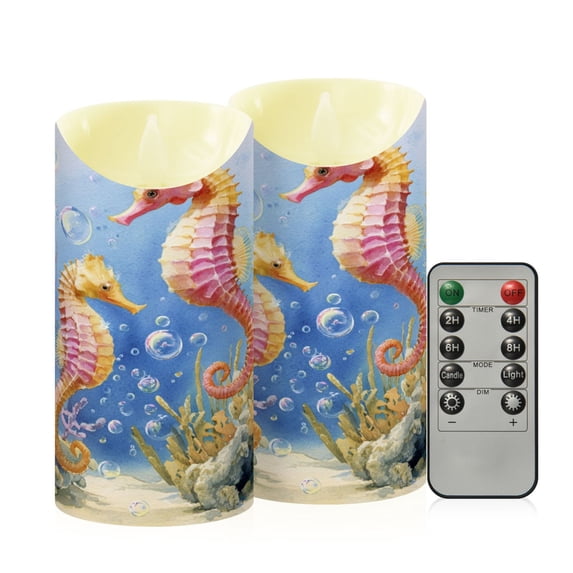 2 PCS Tilted Flameless Candles Flickering LED Lights Battery Operated Candles with Remote Timers for Holiday Decor Cute Seahorse Pattern