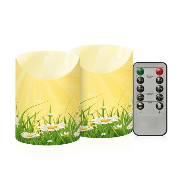 2 PCS Tilted Flameless Candles Flickering LED Lights Battery Operated Candles with Remote Timers for Holiday Decor Daisies and Sun Rays