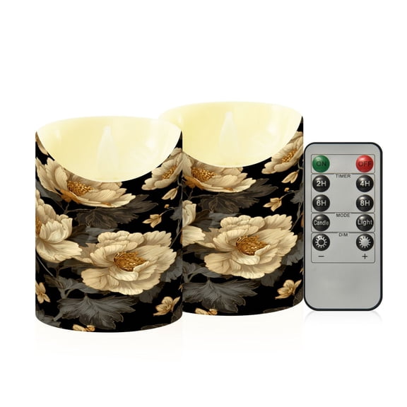 2 PCS Tilted Flameless Candles Flickering LED Lights Battery Operated Candles with Remote Timers for Holiday Decor Elegant Beige Floral