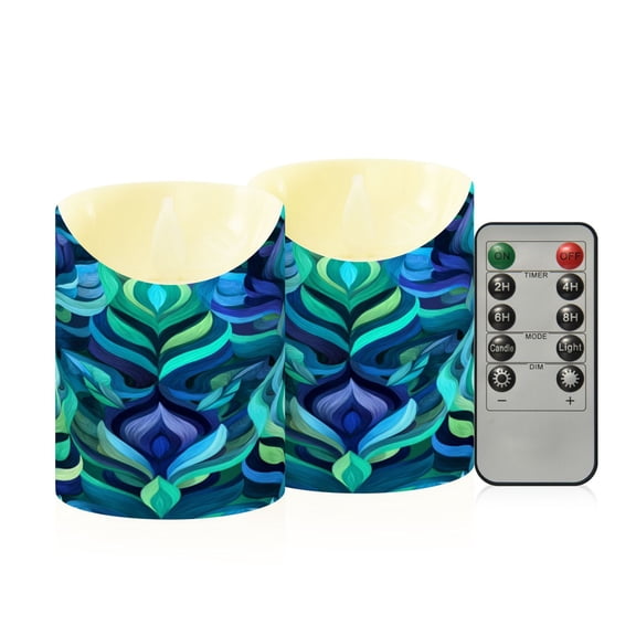 2 PCS Tilted Flameless Candles Flickering LED Lights Battery Operated Candles with Remote Timers for Holiday Decor Elegant Blue Abstract Shapes
