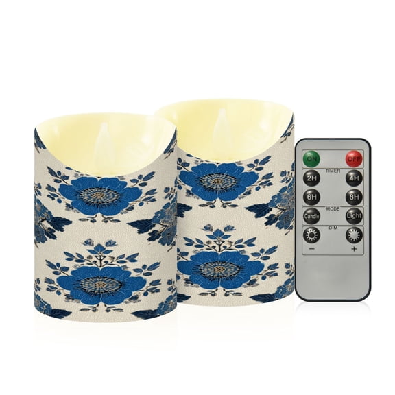 2 PCS Tilted Flameless Candles Flickering LED Lights Battery Operated Candles with Remote Timers for Holiday Decor Elegant Blue Flowers Pattern