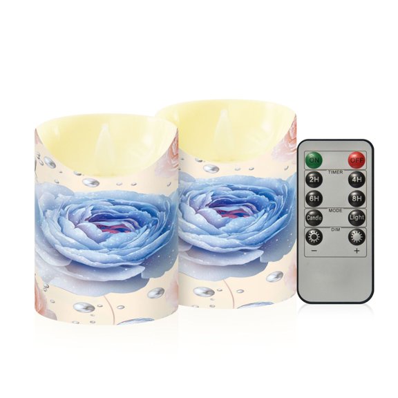 2 PCS Tilted Flameless Candles Flickering LED Lights Battery Operated Candles with Remote Timers for Holiday Decor Glittering Peonies