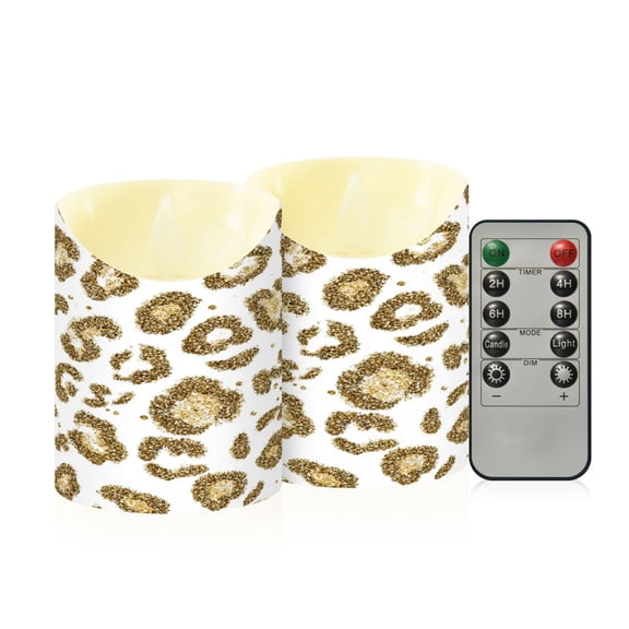 2 PCS Tilted Flameless Candles Flickering LED Lights Battery Operated Candles with Remote Timers for Holiday Decor Gold Leopard Print Pattern