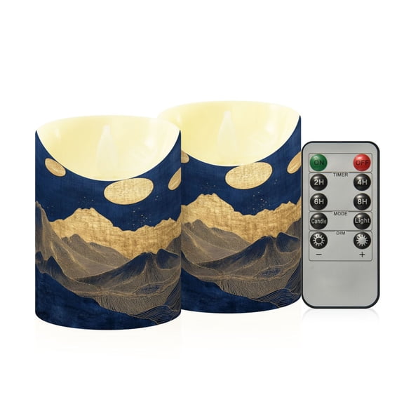 2 PCS Tilted Flameless Candles Flickering LED Lights Battery Operated Candles with Remote Timers for Holiday Decor Gold-blue Mountains
