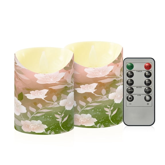2 PCS Tilted Flameless Candles Flickering LED Lights Battery Operated Candles with Remote Timers for Holiday Decor Gradient Elegant Floral