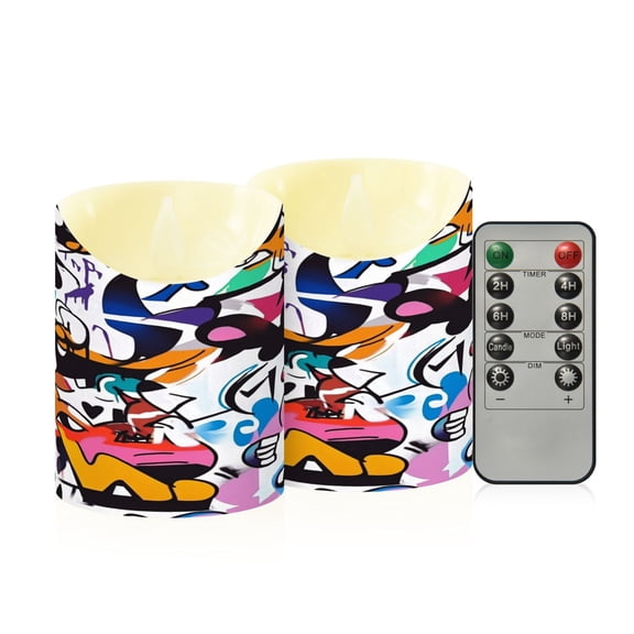 2 PCS Tilted Flameless Candles Flickering LED Lights Battery Operated Candles with Remote Timers for Holiday Decor Graffiti Art