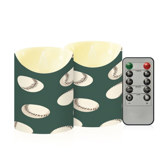 2 PCS Tilted Flameless Candles Flickering LED Lights Battery Operated Candles with Remote Timers for Holiday Decor Green Baseball Pattern