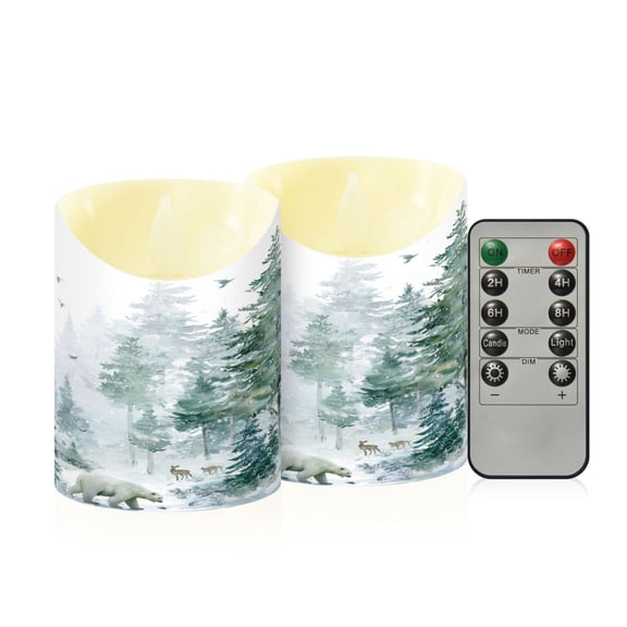 2 PCS Tilted Flameless Candles Flickering LED Lights Battery Operated Candles with Remote Timers for Holiday Decor Green Snowy Forest Scene