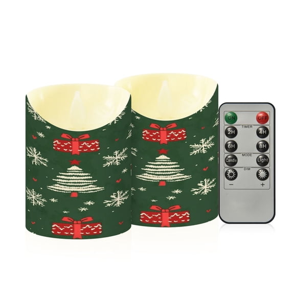 2 PCS Tilted Flameless Candles Flickering LED Lights Battery Operated Candles with Remote Timers for Holiday Decor Green and Red Christmas Pattern