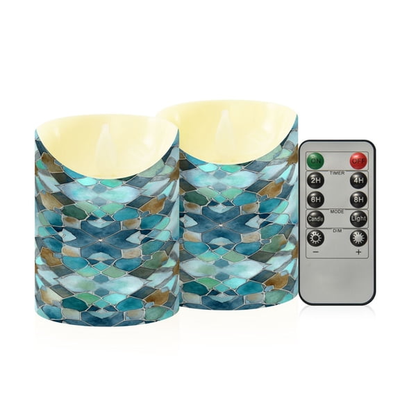 2 PCS Tilted Flameless Candles Flickering LED Lights Battery Operated Candles with Remote Timers for Holiday Decor Intricate Blue Block Pattern