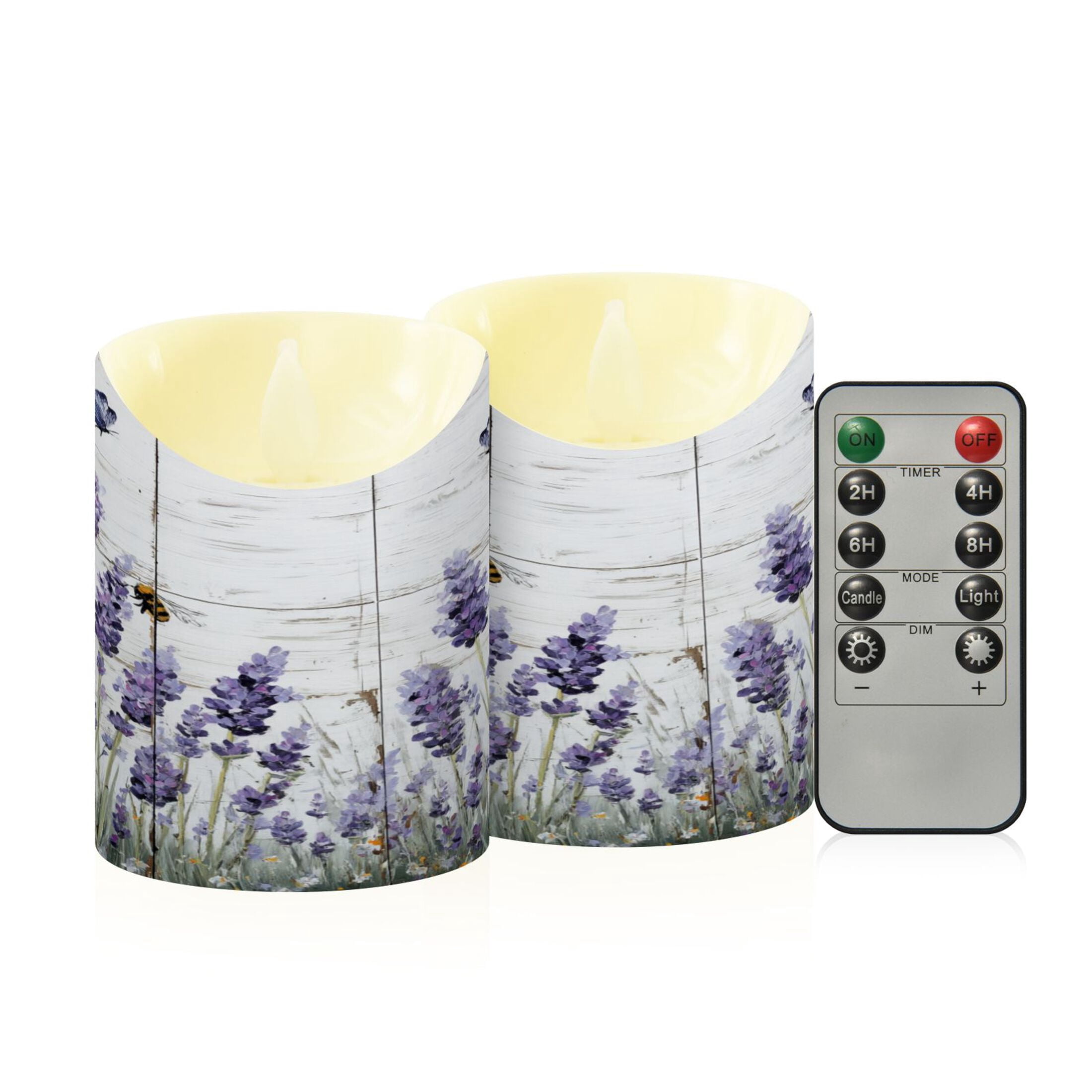 2 PCS Tilted Flameless Candles Flickering LED Lights Battery Operated Candles with Remote Timers for Holiday Decor Lavender and Bees
