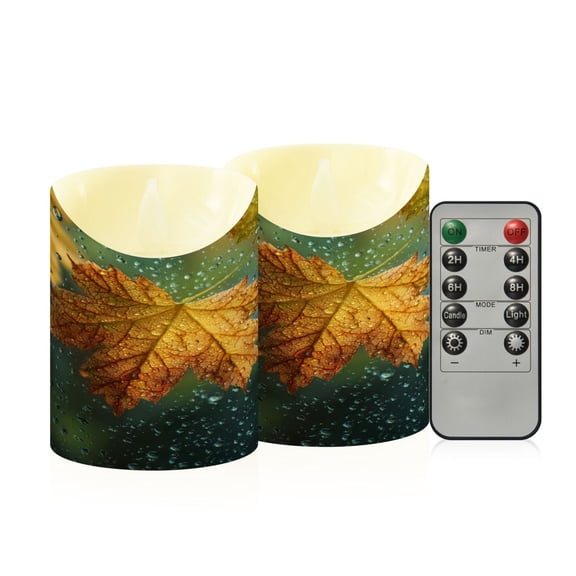 2 PCS Tilted Flameless Candles Flickering LED Lights Battery Operated Candles with Remote Timers for Holiday Decor Leaves with Water Droplets