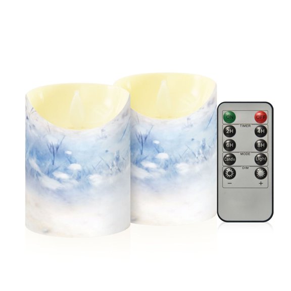 2 PCS Tilted Flameless Candles Flickering LED Lights Battery Operated Candles with Remote Timers for Holiday Decor Light Blue Grass