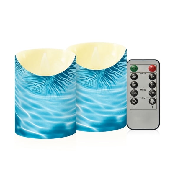 2 PCS Tilted Flameless Candles Flickering LED Lights Battery Operated Candles with Remote Timers for Holiday Decor Light Blue Water Ripples