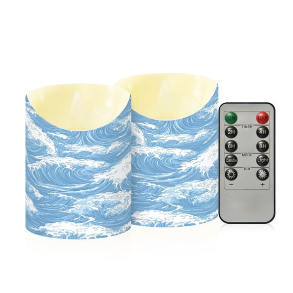 2 PCS Tilted Flameless Candles Flickering LED Lights Battery Operated Candles with Remote Timers for Holiday Decor Light Blue Waves Pattern